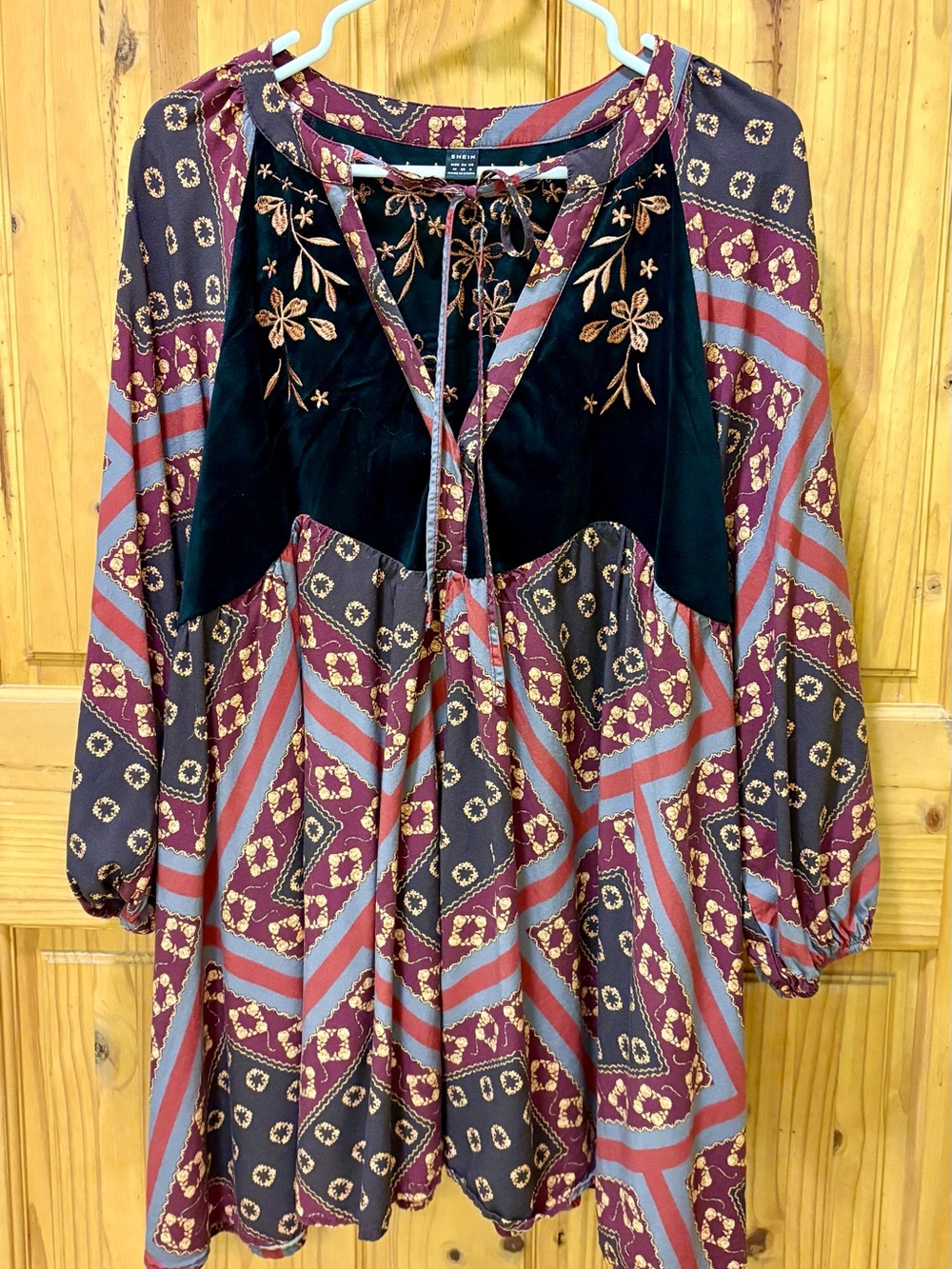 SHEIN Burgundy Black Velvet-Inset Boho Tunic